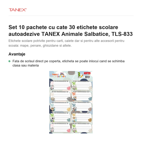 Set 10 pachete cu cate 30 etichete scolare autoadezive TANEX Animale Salbatice, TLS-833 [1]