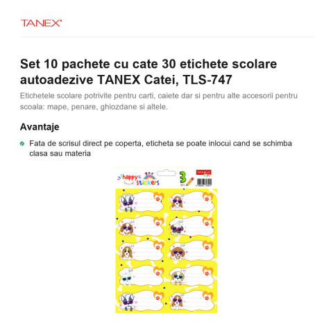 Set 10 pachete cu cate 30 etichete scolare autoadezive TANEX Catei, TLS-747 [1]