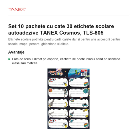 Set 10 pachete cu cate 30 etichete scolare autoadezive TANEX Cosmos, TLS-805 [1]