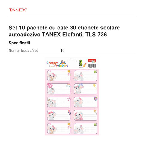 Set 10 pachete cu cate 30 etichete scolare autoadezive TANEX Elefanti, TLS-736 [2]
