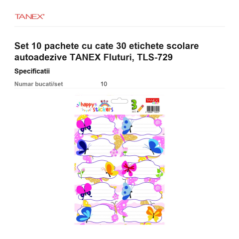 Set 10 pachete cu cate 30 etichete scolare autoadezive TANEX Fluturi, TLS-729 [2]