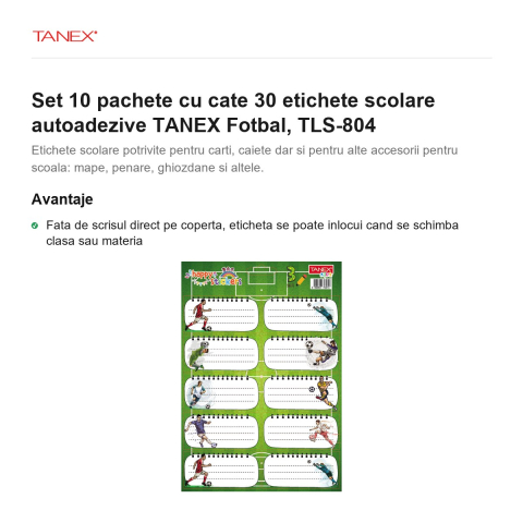 Set 10 pachete cu cate 30 etichete scolare autoadezive TANEX Fotbal, TLS-804 [1]