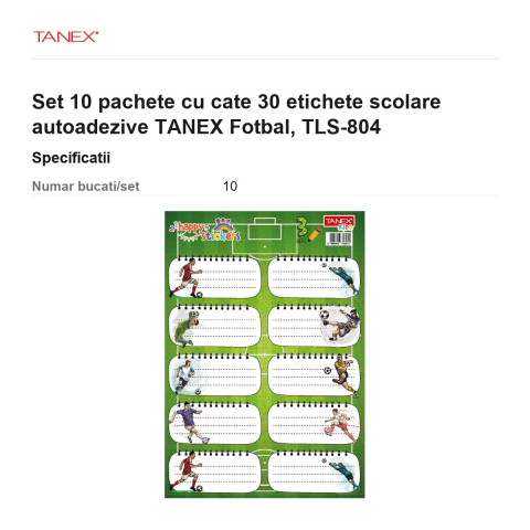 Set 10 pachete cu cate 30 etichete scolare autoadezive TANEX Fotbal, TLS-804 [2]