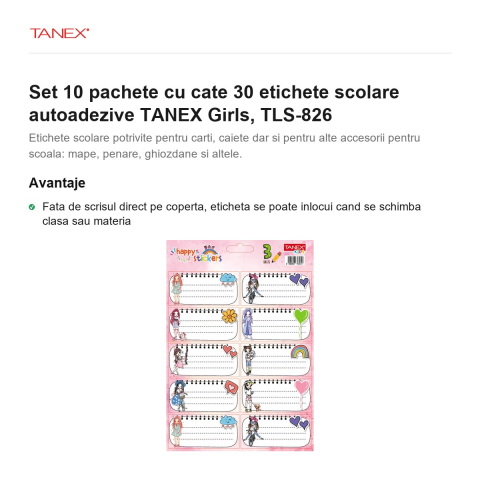 Set 10 pachete cu cate 30 etichete scolare autoadezive TANEX Girls, TLS-826 [1]
