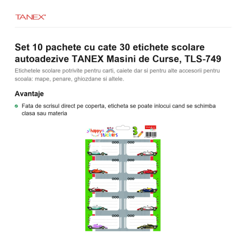 Set 10 pachete cu cate 30 etichete scolare autoadezive TANEX Masini de Curse, TLS-749 [1]