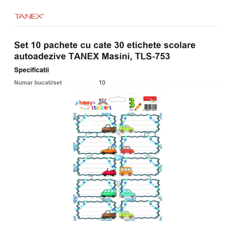 Set 10 pachete cu cate 30 etichete scolare autoadezive TANEX Masini, TLS-753 [2]