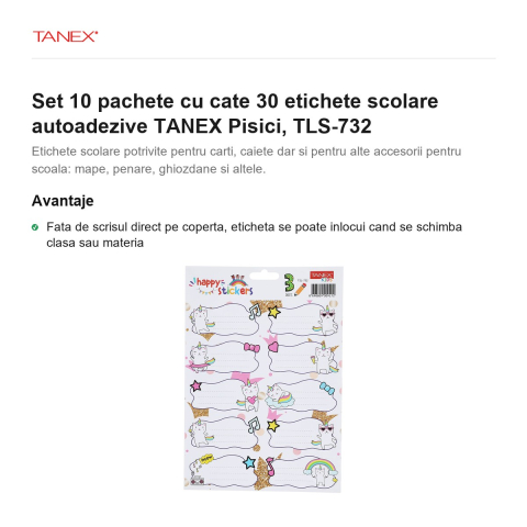 Set 10 pachete cu cate 30 etichete scolare autoadezive TANEX Pisici, TLS-732 [1]