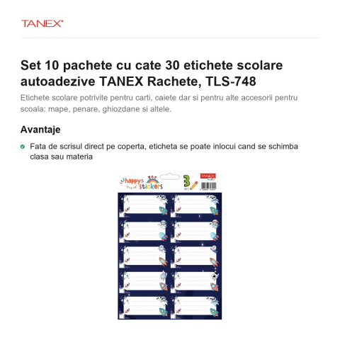 Set 10 pachete cu cate 30 etichete scolare autoadezive TANEX Rachete, TLS-748 [1]