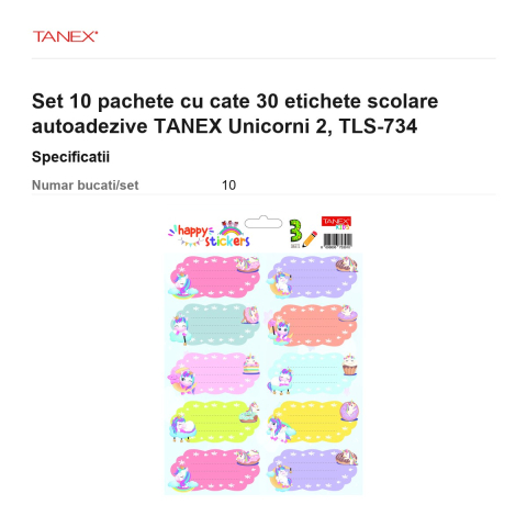 Set 10 pachete cu cate 30 etichete scolare autoadezive TANEX Unicorni 2, TLS-734 [2]