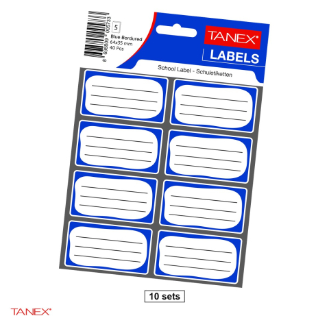 Etichete autoadezive - Set 10 pachete cu cate 40 etichete scolare autoadezive TANEX, 64x35 mm, albastre