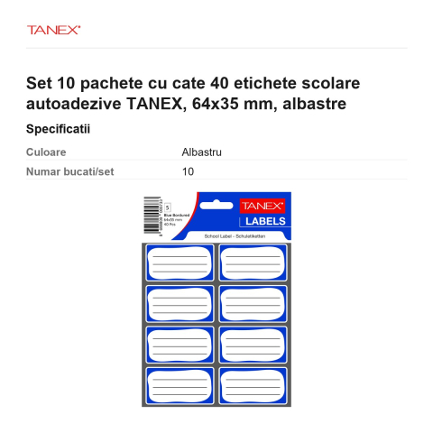 Set 10 pachete cu cate 40 etichete scolare autoadezive TANEX, 64x35 mm, albastre [2]