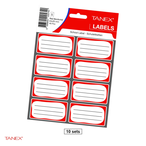 Etichete autoadezive - Set 10 pachete cu cate 40 etichete scolare autoadezive TANEX, 64x35 mm, rosii