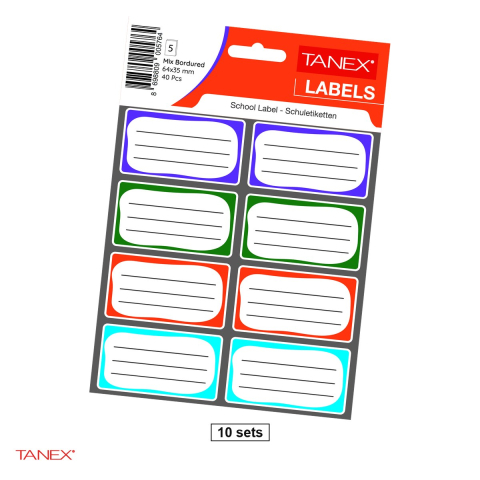 Etichete autoadezive - Set 10 pachete cu cate 40 etichete scolare autoadezive TANEX asortate, 64x35 mm, multicolor
