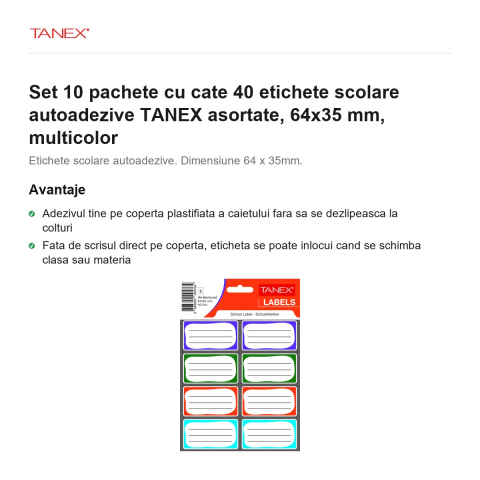 Set 10 pachete cu cate 40 etichete scolare autoadezive TANEX asortate, 64x35 mm, multicolor [1]