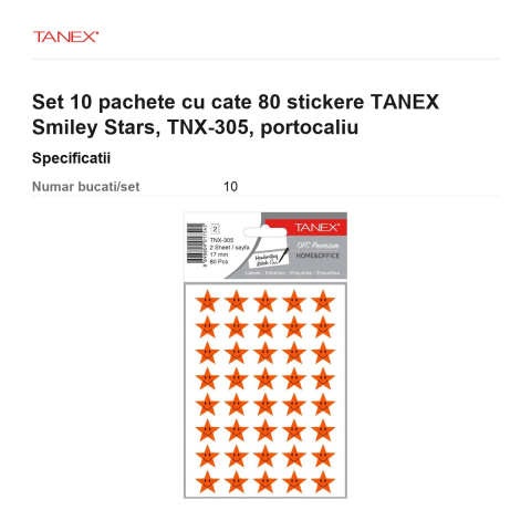 Set 10 pachete cu cate 80 stickere TANEX Smiley Stars, TNX-305, portocaliu [2]
