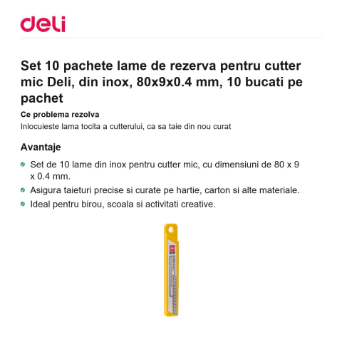 Set 10 pachete lame de rezerva pentru cutter mic Deli, din inox, 80x9x0.4 mm, 10 bucati pe pachet [1]