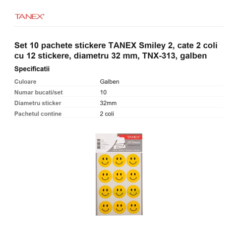 Set 10 pachete stickere TANEX Smiley 2, cate 2 coli cu 12 stickere, diametru 32 mm, TNX-313, galben [2]