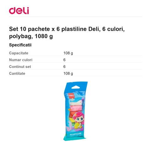 Set 10 pachete x 6 plastiline Deli, 6 culori, polybag, 1080 g [2]