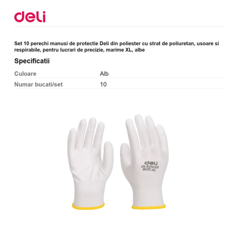 Set 10 perechi manusi de protectie Deli din poliester cu strat de poliuretan, usoare si respirabile, pentru lucrari de precizie, marime XL, albe [2]