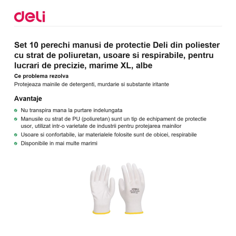 Set 10 perechi manusi de protectie Deli din poliester cu strat de poliuretan, usoare si respirabile, pentru lucrari de precizie, marime XL, albe [1]