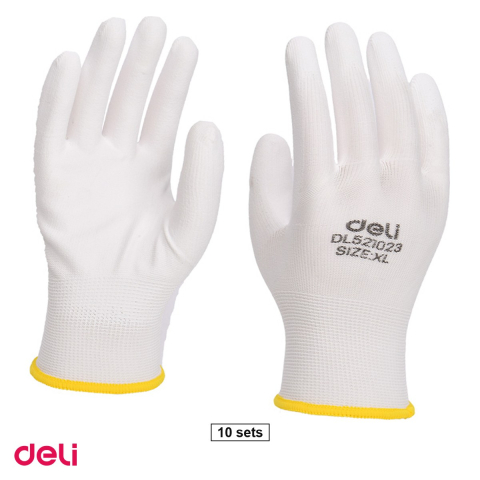 Manusi de protectie - Set 10 perechi manusi de protectie Deli din poliester cu strat de poliuretan, usoare si respirabile, pentru lucrari de precizie, marime XL, albe