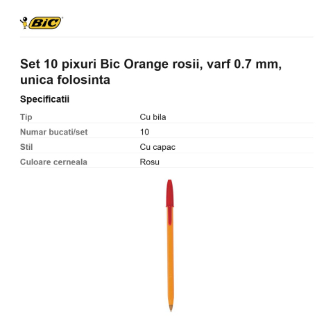 Set 10 pixuri Bic Orange rosii, varf 0.7 mm, unica folosinta [2]