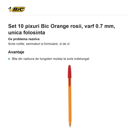 Set 10 pixuri Bic Orange rosii, varf 0.7 mm, unica folosinta [1]