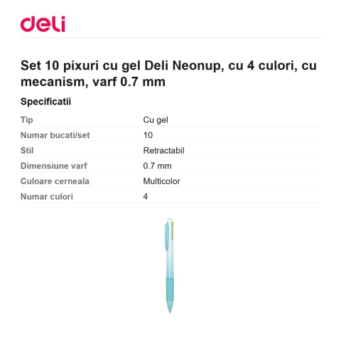 Set 10 pixuri cu gel Deli Neonup, cu 4 culori, cu mecanism, varf 0.7 mm [2]