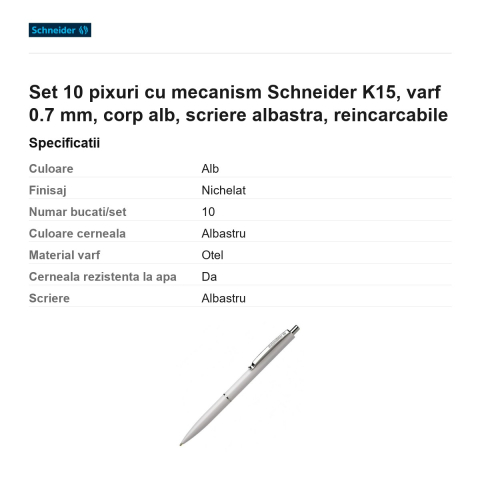 Set 10 pixuri cu mecanism Schneider K15, varf 0.7 mm, corp alb, scriere albastra, reincarcabile [2]