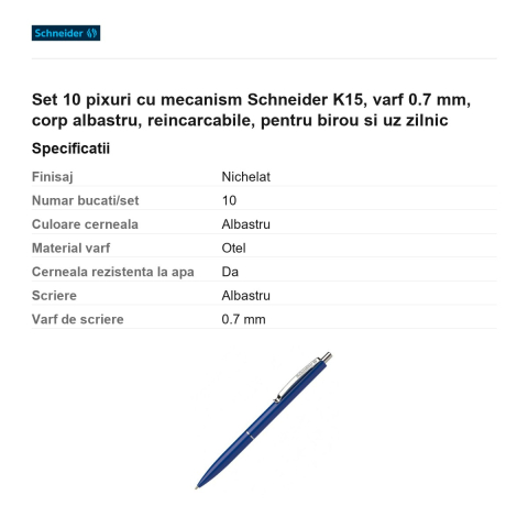 Set 10 pixuri cu mecanism Schneider K15, varf 0.7 mm, corp albastru, reincarcabile, pentru birou si uz zilnic [2]