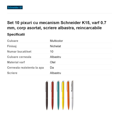 Set 10 pixuri cu mecanism Schneider K15, varf 0.7 mm, corp asortat, scriere albastra, reincarcabile [2]