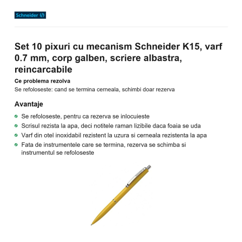 Set 10 pixuri cu mecanism Schneider K15, varf 0.7 mm, corp galben, scriere albastra, reincarcabile [1]