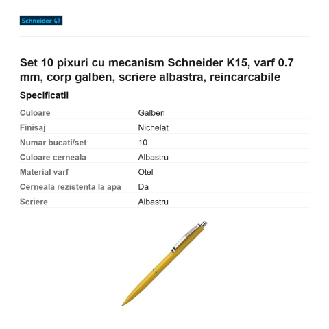 Set 10 pixuri cu mecanism Schneider K15, varf 0.7 mm, corp galben, scriere albastra, reincarcabile [2]