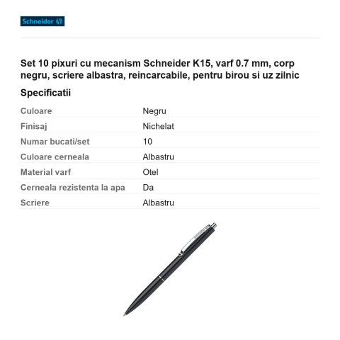 Set 10 pixuri cu mecanism Schneider K15, varf 0.7 mm, corp negru, scriere albastra, reincarcabile, pentru birou si uz zilnic [2]