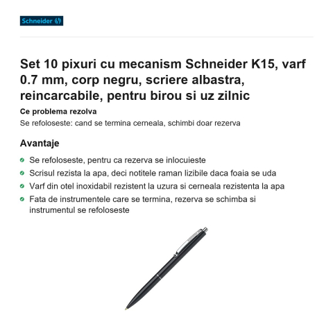 Set 10 pixuri cu mecanism Schneider K15, varf 0.7 mm, corp negru, scriere albastra, reincarcabile, pentru birou si uz zilnic [1]