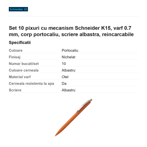 Set 10 pixuri cu mecanism Schneider K15, varf 0.7 mm, corp portocaliu, scriere albastra, reincarcabile [2]