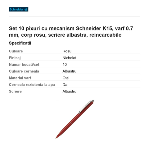 Set 10 pixuri cu mecanism Schneider K15, varf 0.7 mm, corp rosu, scriere albastra, reincarcabile [2]