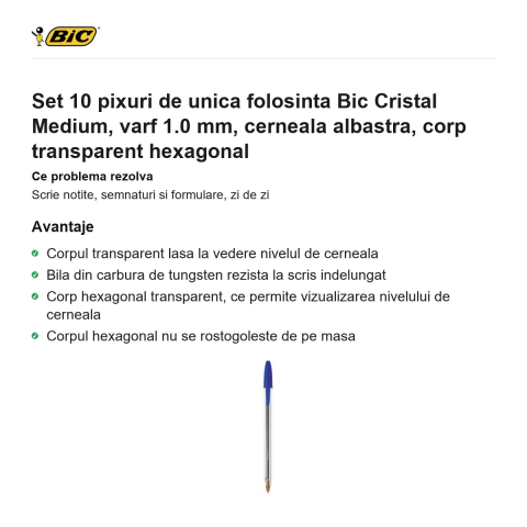 Set 10 pixuri de unica folosinta Bic Cristal Medium, varf 1.0 mm, cerneala albastra, corp transparent hexagonal [1]