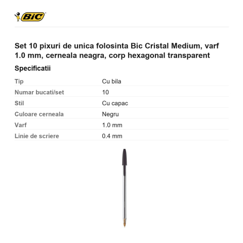 Set 10 pixuri de unica folosinta Bic Cristal Medium, varf 1.0 mm, cerneala neagra, corp hexagonal transparent [2]