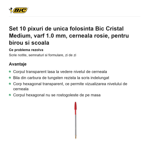 Set 10 pixuri de unica folosinta Bic Cristal Medium, varf 1.0 mm, cerneala rosie, pentru birou si scoala [1]