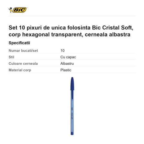 Set 10 pixuri de unica folosinta Bic Cristal Soft, corp hexagonal transparent, cerneala albastra [2]