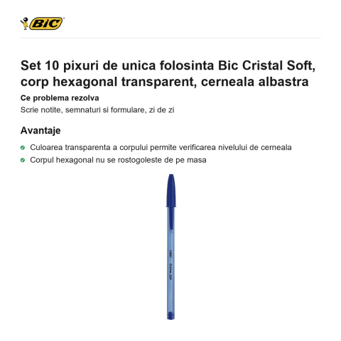Set 10 pixuri de unica folosinta Bic Cristal Soft, corp hexagonal transparent, cerneala albastra [1]