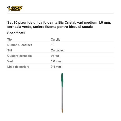 Set 10 pixuri de unica folosinta Bic Cristal, varf medium 1.0 mm, cerneala verde, scriere fluenta pentru birou si scoala [2]
