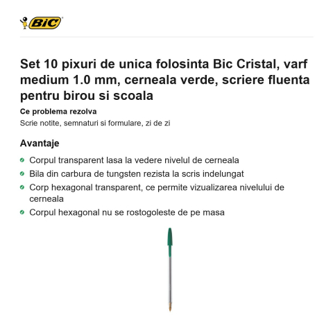Set 10 pixuri de unica folosinta Bic Cristal, varf medium 1.0 mm, cerneala verde, scriere fluenta pentru birou si scoala [1]