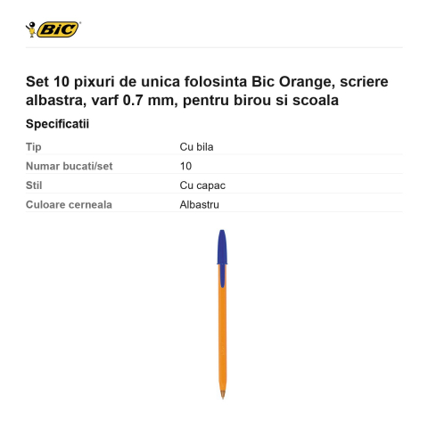 Set 10 pixuri de unica folosinta Bic Orange, scriere albastra, varf 0.7 mm, pentru birou si scoala [2]