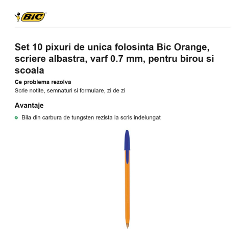 Set 10 pixuri de unica folosinta Bic Orange, scriere albastra, varf 0.7 mm, pentru birou si scoala [1]