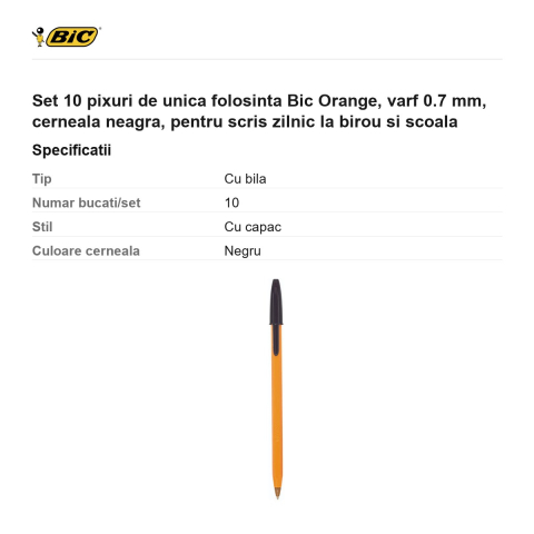 Set 10 pixuri de unica folosinta Bic Orange, varf 0.7 mm, cerneala neagra, pentru scris zilnic la birou si scoala [2]