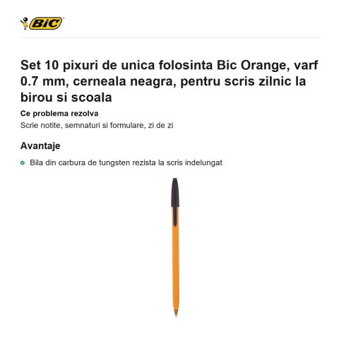 Set 10 pixuri de unica folosinta Bic Orange, varf 0.7 mm, cerneala neagra, pentru scris zilnic la birou si scoala [1]