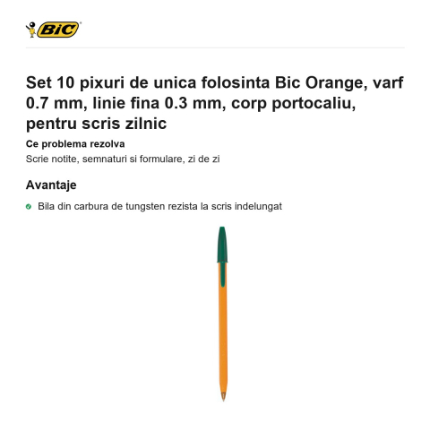 Set 10 pixuri de unica folosinta Bic Orange, varf 0.7 mm, linie fina 0.3 mm, corp portocaliu, pentru scris zilnic [1]