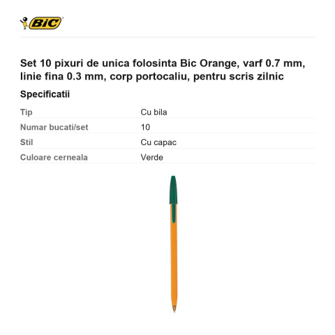 Set 10 pixuri de unica folosinta Bic Orange, varf 0.7 mm, linie fina 0.3 mm, corp portocaliu, pentru scris zilnic [2]